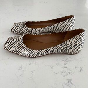 Aquatalia Peek A Boo Toe Slip On Snake Dot Print Leather Shoes Blk & Wht Sz 9